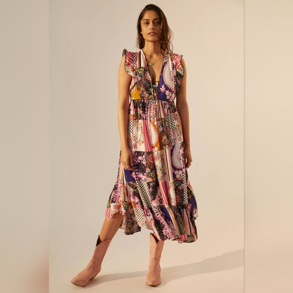 Anthropologie New With Tags Size 4 US Ruffled Patchwork Sleeveless Midi Dress